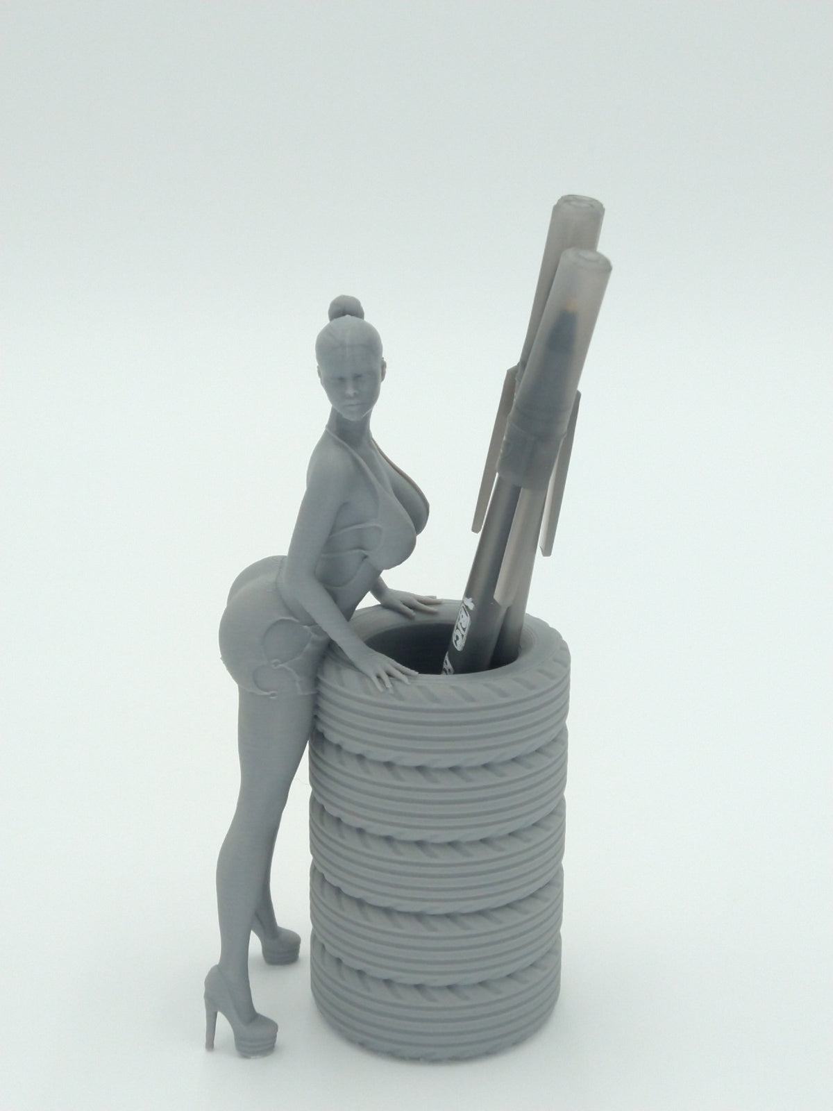 Sexy Bikini Girl Posing on Tires Pen Holder 5.5" Gray 3d printed