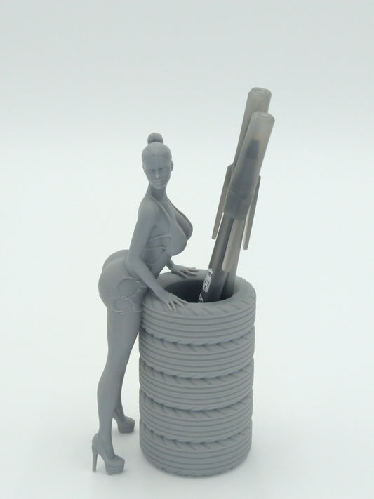 Sexy Bikini Girl Posing on Tires Pen Holder 5.5" Gray 3d printed