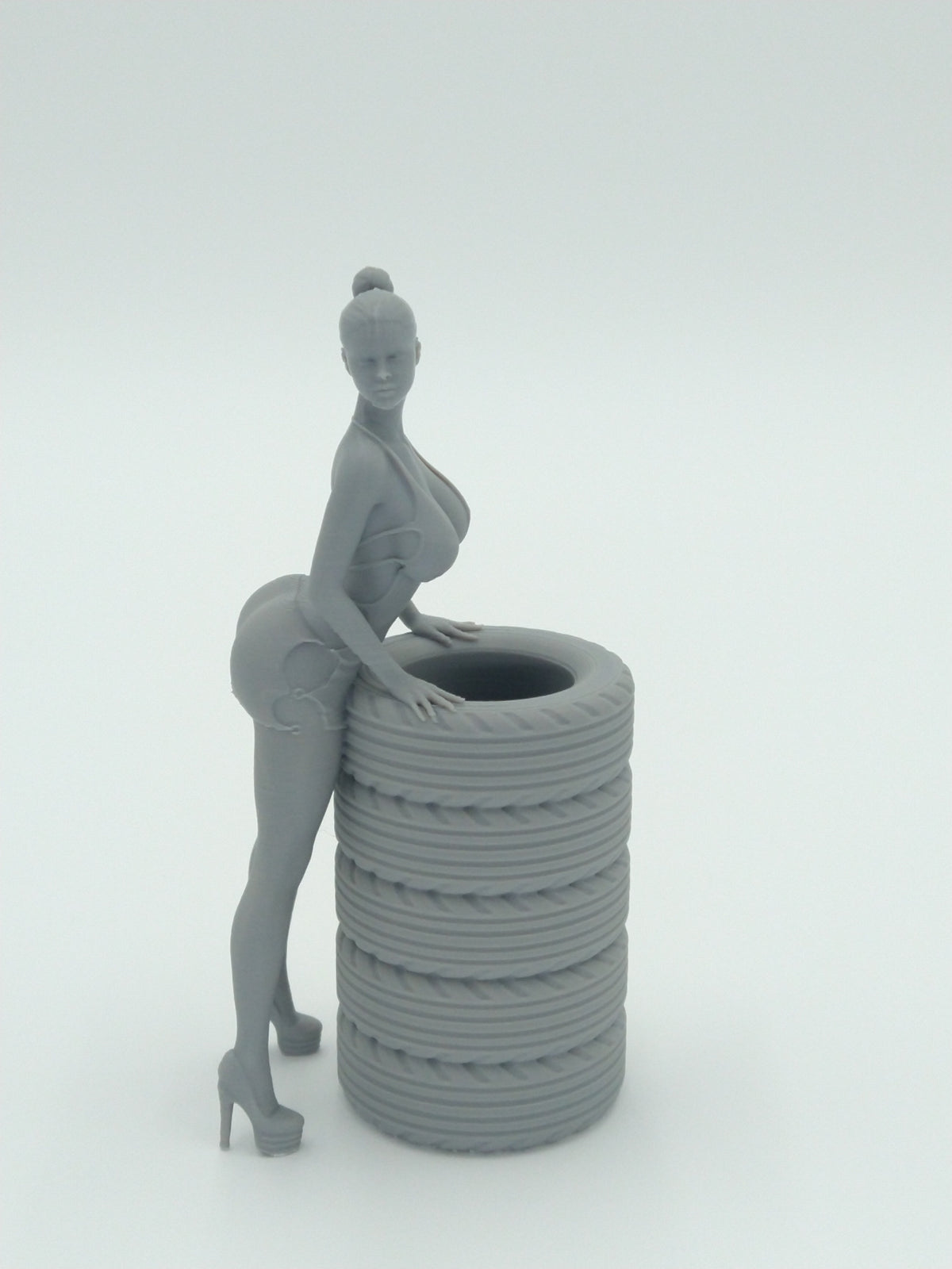 Sexy Bikini Girl Posing on Tires Pen Holder 5.5" Gray 3d printed