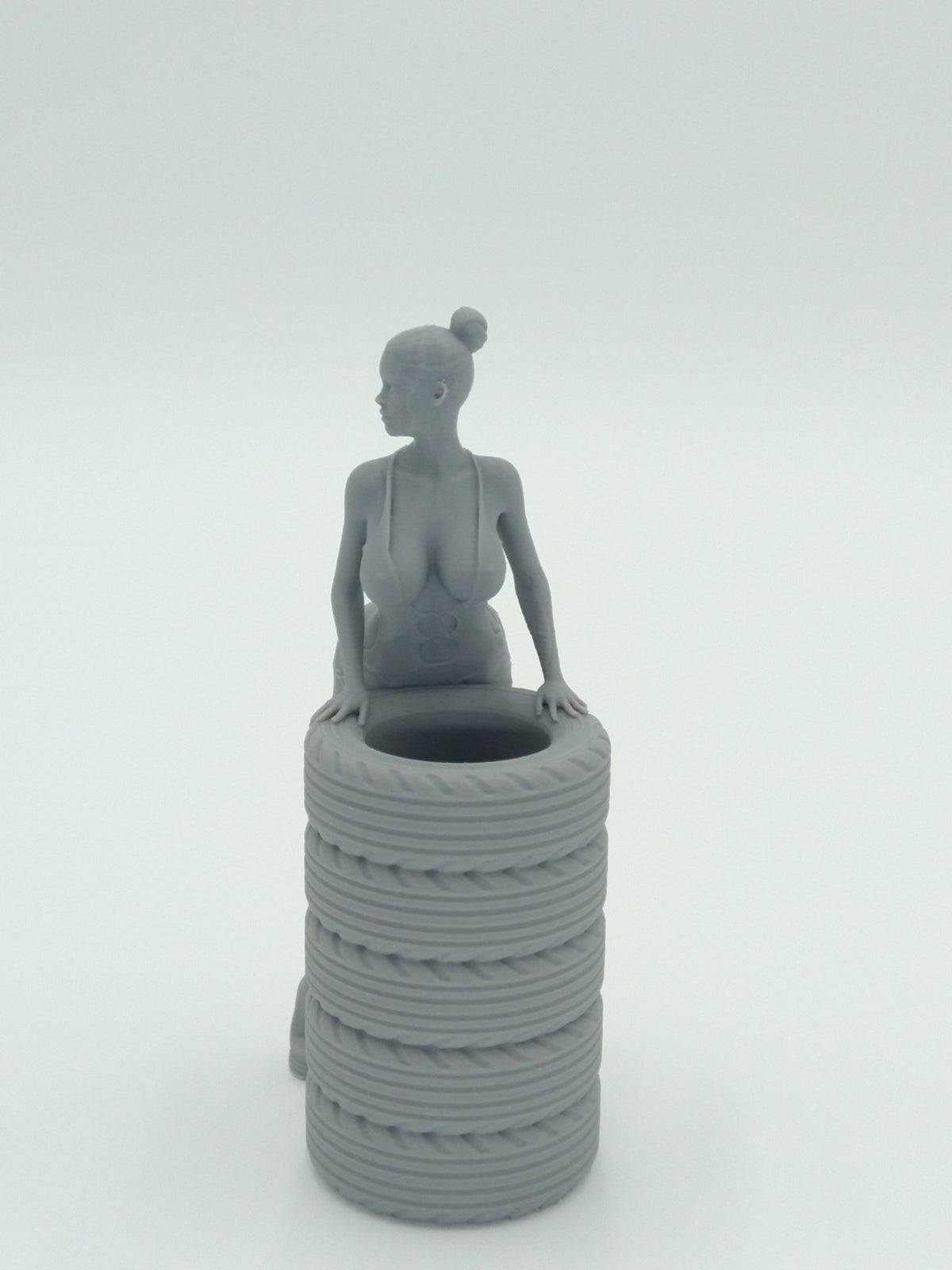 Sexy Bikini Girl Posing on Tires Pen Holder 5.5" Gray 3d printed