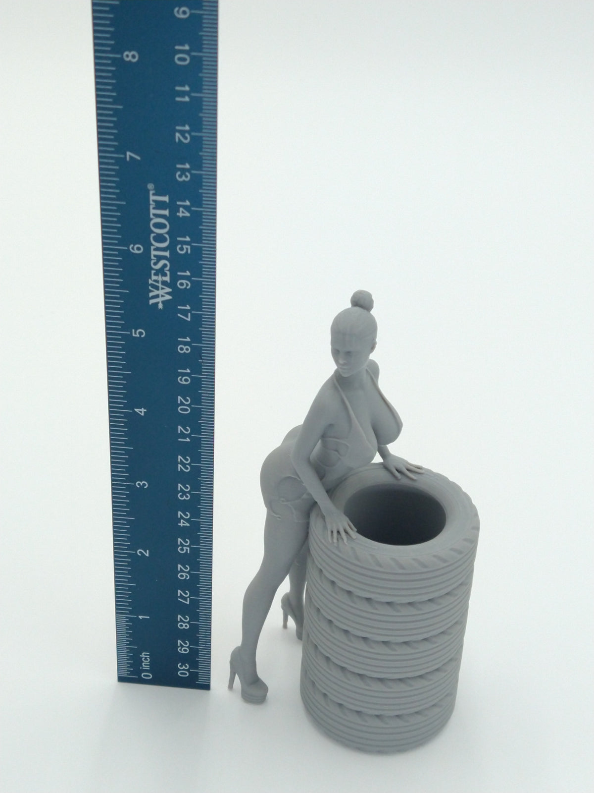 Sexy Bikini Girl Posing on Tires Pen Holder 5.5" Gray 3d printed